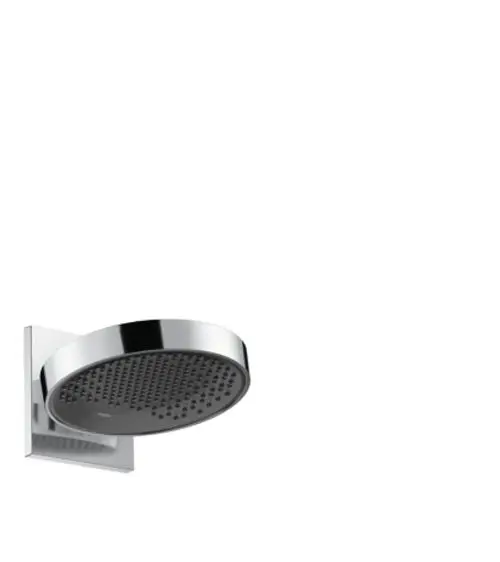 Kopfbadewanne von Hansgrohe, runde Form mit Wandanschluss, verchromte Oberfläche und perforierte Düse für Wasserstrahlverteilung.